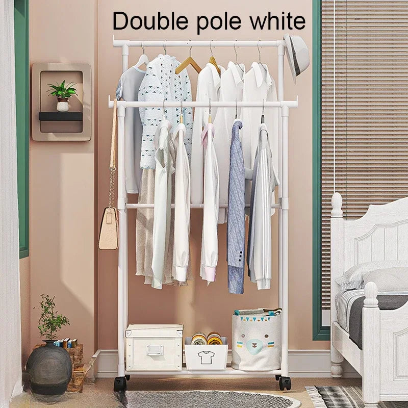 Double-Rod Clothes Rack Clothes Rack With Hooks Hanging Clothe Organizer For Bedroom Movable Bedroom Clothing Hanger With Wheels