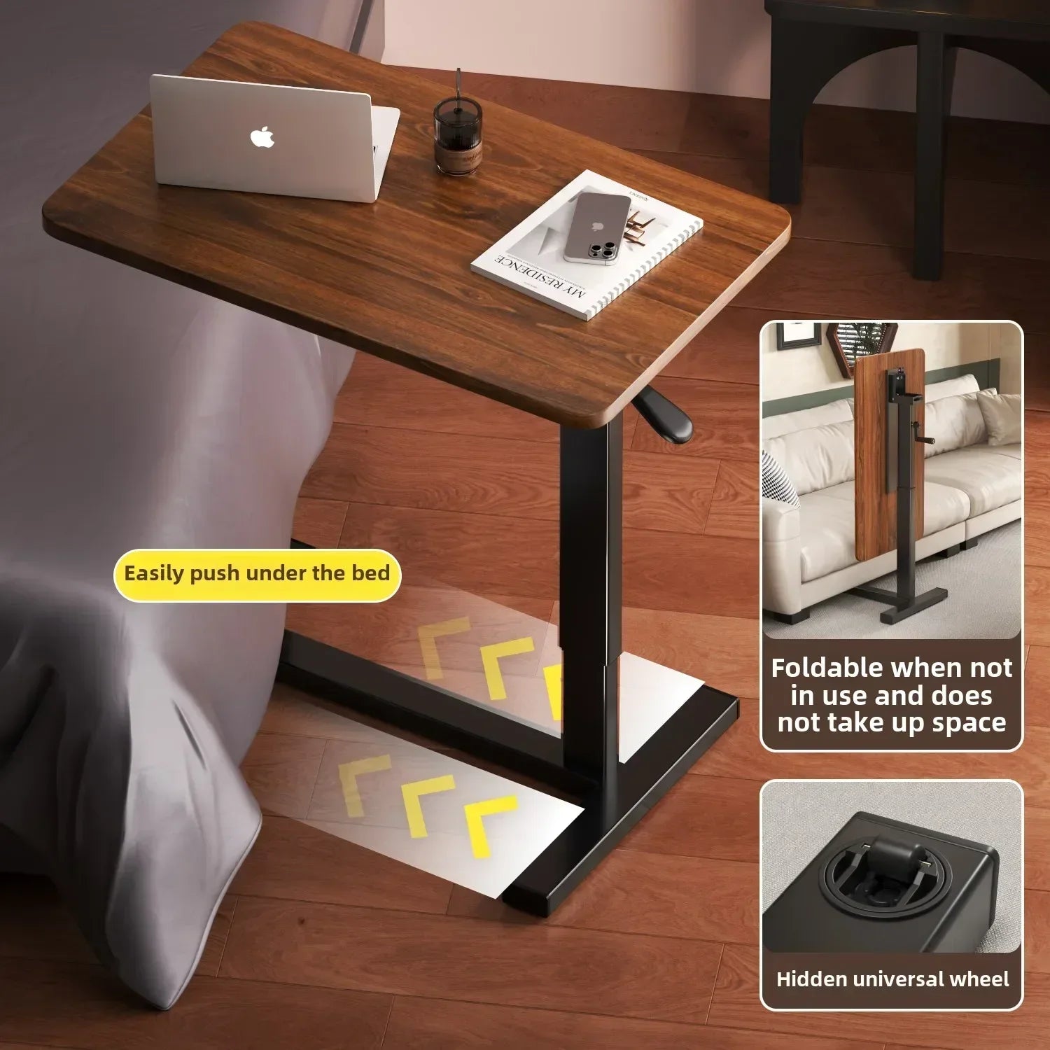 Bedside table being used next to bed with laptop on top