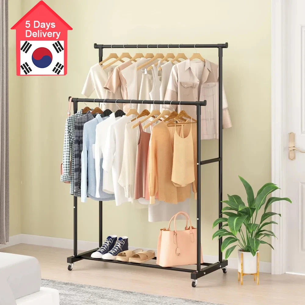 Double-Rod Clothes Rack Clothes Rack With Hooks Hanging Clothe Organizer For Bedroom Movable Bedroom Clothing Hanger With Wheels