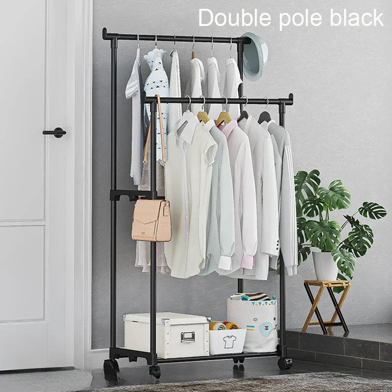 Double-Rod Clothes Rack Clothes Rack With Hooks Hanging Clothe Organizer For Bedroom Movable Bedroom Clothing Hanger With Wheels