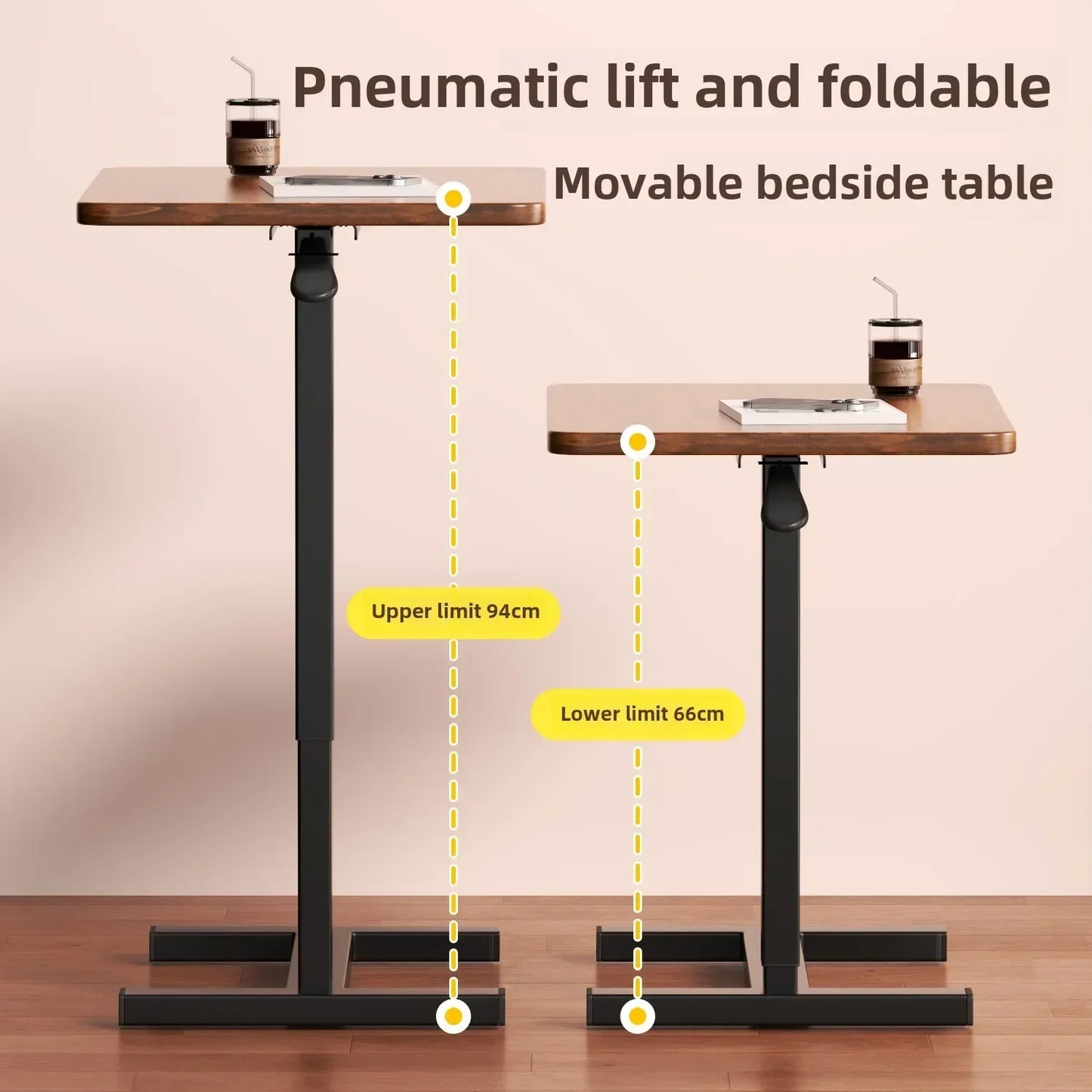 Side view of adjustable bedside table showing height mechanism